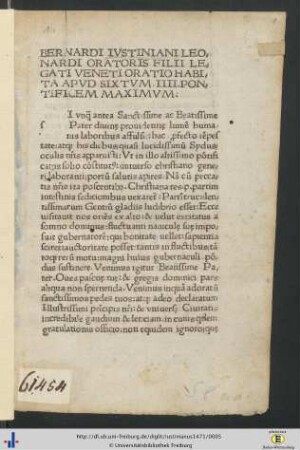 Bernardi Iustiniani…Oratio Habita Apud Sixtum IIII…