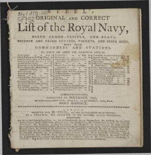 Steel's Original and Correct List of the Royal Navy, hired Armed-Vessels, Gun-Boats, Revenue and Excise Cutters, Packets, and India Ships, with their Commanders and Stations. - Corrected to December, 1797