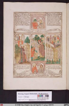 Drei biblische Szenen umgeben von vier Propheten. Links Joab tötet Abner, mittig der Verrat des Judas Ischariot, rechts eine Szene aus dem Leben Triphons.