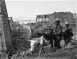 Wasserverkäufer : Zwei Wasserverkäufer mit Lasttieren bei Luxor. Im Hintergrund Häuser und der Nil.