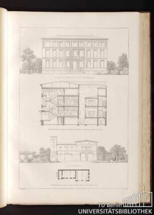 14. Facade und Durchschnitt vom Wohngebaeude. Das Stallgebaeude.