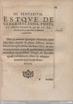 III. PENARIUM ESTQUE DE GENERIBUS PANIS, POTUS, ET MEDICARUM, QUAE EX Radicibus, herbis, & stirpibus conficiuntur.