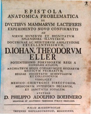 Epistola anatomica problematica, de ductibus mammarum lactiferis experimento novo confirmatis : ad Jo. Th. Eller
