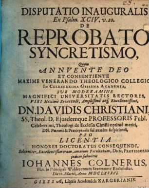 Disputatio inauguralis ex Psalm. XCIV. v. 20., de reprobato syncretismo