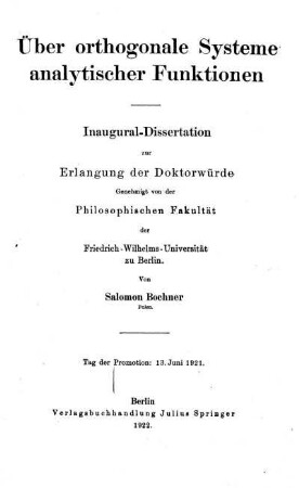 Über orthogonale Systeme analytischer Funktionen