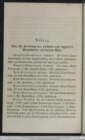 Anhang. Von der Bereitung der einfachen und doppelten Branntweine auf kaltem Wege