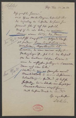 Brief an B. Schott's Söhne : 14.10.1921