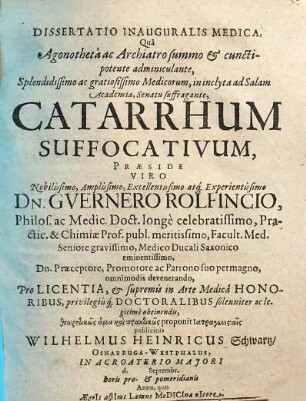 Dissertatio Inauguralis Medica ... in inclyta ad Salam Academia, Senatu suffragante, Catarrhum Suffocativum