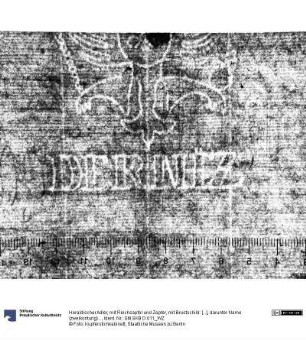 Heraldischer Adler, mit Reichsapfel und Zepter, mit Brustschild: [...], darunter Name (zweikonturig): DERNIZ (Fragment)