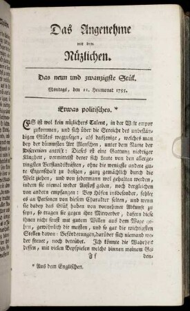 Das neun und zwanzigste Stück. Montags, den 21. Heumonat, 1755.