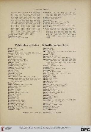 Table des artistes. Künstlerverzeichnis
