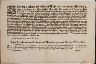 Zuwissen: Demnach allhier zu Passau ein und andern Orts, die zu End dieses beygeruckte Frantzösische Schmäch-Karte ... : ... Passau den 31. Martij 1704.