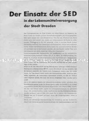 Propagandaflugblatt der SED über ihre Verdienste bei der Organisierung der Lebensmittelversorgung Dresdens, verbunden mit Wahlaufruf