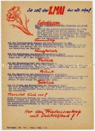 Flugblatt an Betriebe und Bevölkerung von Stalinstadt zur Maidemonstration für Friedensvertrag