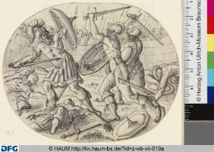 Sechs Zeichnungen zur römischen Geschichte: a) Kampf der Horatier gegen die Curiatier; b) Marcus Curtius; c) Horatius Cocles; d) Marcus Valerius; e) Mucius Scaevola; f) Titus Manlius