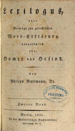 Lexilogus oder Beiträge zur griechischen Wort-Erklärung, hauptsächlich für Homer und Hesiod, 2