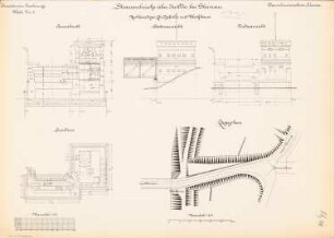 Straßenbrücke über die Oder, Steinau: Rechtsseitiger Landpfeiler mit Blockhaus: Lageplan 1:500, Ansichten, Grundriss, Schnitt 1:100