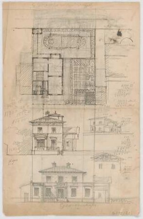 Thiersch, August ; München, Georgenstr.; Privathaus, Projekt - Grundriss, Ansichten, Perspektive, Detail