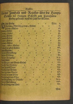 Kurtzer Innhalt und Register über die Haupt-Sprüche der Heiligen Schrifft zum Catechismo ...