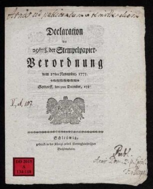Declaration des 29ten §. der Stempelpapier-Verordnung vom 27ten November, 1775 : Gottorff, den 9ten December, 1788