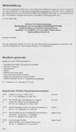Studium generale/Sprachkurse/Kontaktstudien/Fernstudium/Universitätssport