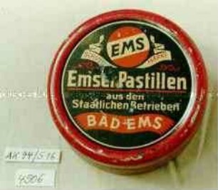 Blechdose für "EMS Emser Pastillen aus den Staatlichen Betrieben BAD EMS"