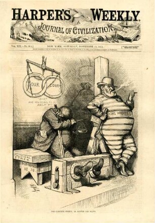 The elective system; or, master and slave : Tweed hat einen Mann in einen Pranger eingeschlossen