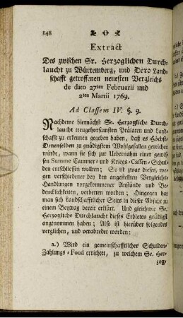 Extract. Des zwischen Sr. Herzoglichen Durchlaucht. zu Würtemberg, und Dero Landschafft getroffenen neuesten Vergleichs de dato 27ten Februarii und 2ten Martii 1769.