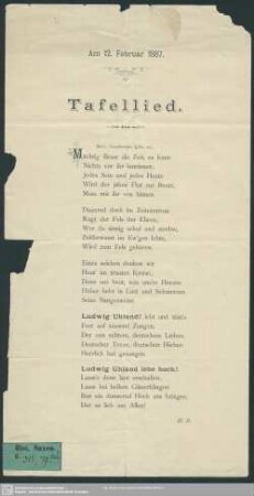 Tafellied : Am 12. Februar 1887; [Uhlandfeier des Literarischen Vereins]