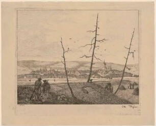 Landschaft bei Briesnitz (Dresden-Briesnitz) westlich von Dresden, Blick von den Wiesen des rechten Elbufers nach Westen, im Vordergrund künstlicher Hügel (Vogelfalle?), im Hintergrund Briesnitz mit der Kirche