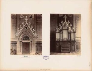 Auditoriengebäude der Philipps-Universität Marburg: Links Haupteingang zur Aula, rechts Orgel vor dem ehemaligen Haupteingang zur Aula