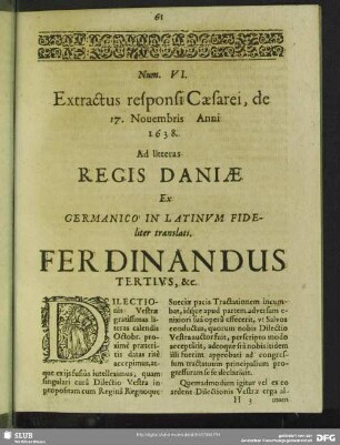 Num. VI. Extractus responsi Caesarei, de 17. Novembris Anni 1638. Ad litteras Regis Daniae