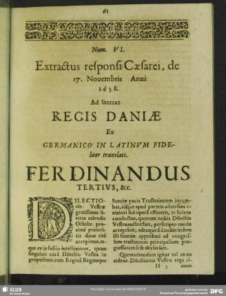 Num. VI. Extractus responsi Caesarei, de 17. Novembris Anni 1638. Ad litteras Regis Daniae