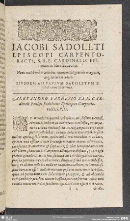 Iacobi Sadoleti Episcopi Carpentoracti, S. R. E. Cardinalis Epistolarum libri sexdecim
