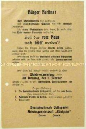 Ankündigung einer Versammlung der Deutschnationalen Volkspartei am 11. Februar 1919 in Berlin und Aufruf zur bevorstehenden Stadtverordnetenwahl