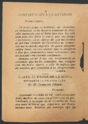 Carta al padre de la novia. : Retirando la palabra dada, Sr. D. Atanasio Chopas.