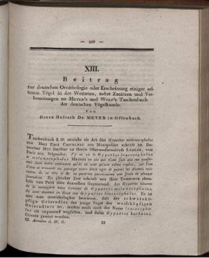 XIII. Beitrag zur deutschen Ornithologie oder Erscheinung einiger seltenen Vögel in der Wetterau, nebst Zusätzen und Verbesserungen zu Meyer's und Wolf's Taschenbuch der deutschen Vögelkunde.