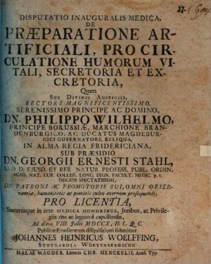 Disp. inaug. med. de praeparatione artificiali, pro circulatione humorum vitali, secretoria et excretoria
