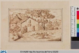 Landschaft mit Schafherde vor einem Bauernhaus