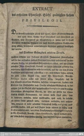 Extract des ertheilten Churfürstl. Sächs. gnädigsten hohen Privilegii