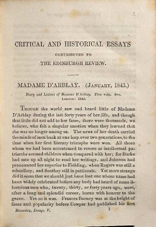 Critical and historical essays, contributed to the Edinburgh Review : in five volumes, 5