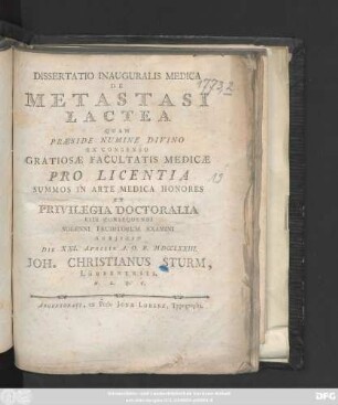Dissertatio Inauguralis Medica De Metastasi Lactea