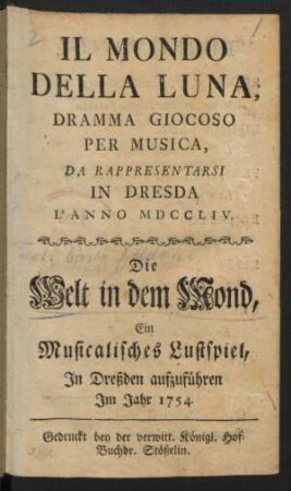 Il Mondo Della Luna : Dramma Giocoso Per Musica , Da Rappresentarsi In Dresda L' Anno MDCCLIV.