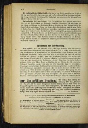 Sprechstelle der Schriftleitung
