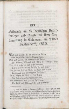 III. Festgruss an die deutschen Naturforscher und Aerzte bei ihrer Versammlung in Erlangen, am 21sten September 1840.