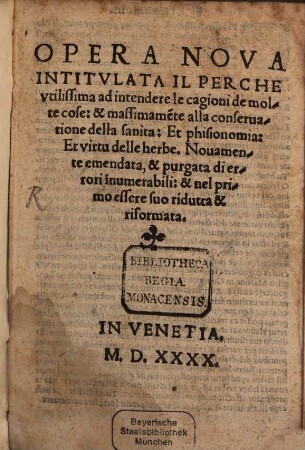 Opera intitulata il Perche alla conservatione della Sanità
