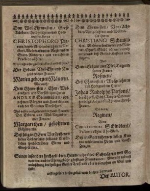 Dem Wol-Ehrnvesten/ Großachtbarn/ [...] Christophoro Pietern [...] Tugendreichen Frauen Marien gebornen Mäuerin. Wie auch/ Dem Ehrnvesten [...] Andreæ Steinmüllern [...]