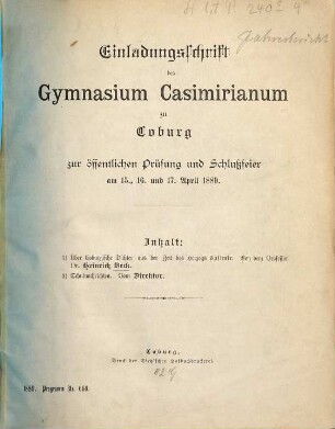 Einladungsschrift des Gymnasium Casimirianum zu Coburg zur Schlußfeier. 1888/89