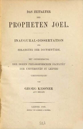 Das Zeitalter des Propheten Joel : Inaugural-Dissertation