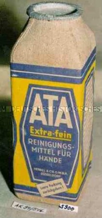 Pappmachédose für "ATA Extra-fein REINIGUNGS-MITTEL FÜR HÄNDE HENKEL UND CIE.G.M.B.H. DÜSSELDORF" mit Inhalt